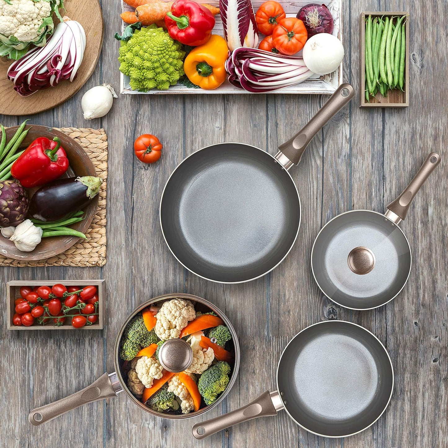 6 Piece Nonstick Cookware Set, Aluminum Pots and Pans, Induction Cookware Pots and Pans Set with Glass Lid, Home Kitchen Ware Pots Pan Set with Non-Stick Coating, Ptfe/Pfoa Free.
