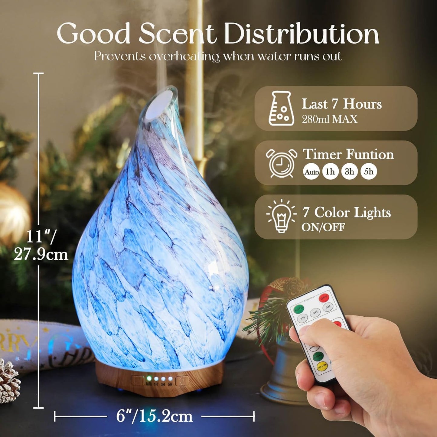 280Ml Essential Oil Diffuser Glass Color Changing Aroma Air Diffusers Aromatherapy Ultrasonic Cool Mist Humidifier with Remote Control 7 Running Hours Waterless Auto-Off (Light Blue)