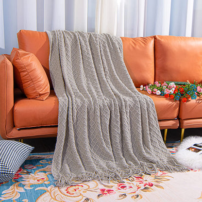 Acrylic Knitted Throw Blanket, Lightweight and Soft Cozy Decorative Woven Blanket with Tassels for Travel, Couch, Bed, Sofa, 51 X 67 Inches, Taupe Checkered