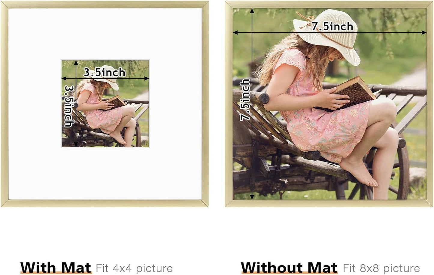 , 8X8 Inch Instagram Square Aluminum Gold Metal Picture Frame Collection, Photo Frame with Ivory Color Mat for 4X4 Picture & Real Glass