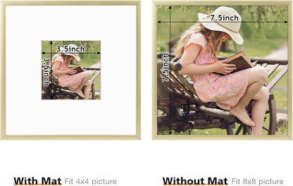 , 8X8 Inch Instagram Square Aluminum Gold Metal Picture Frame Collection, Photo Frame with Ivory Color Mat for 4X4 Picture & Real Glass