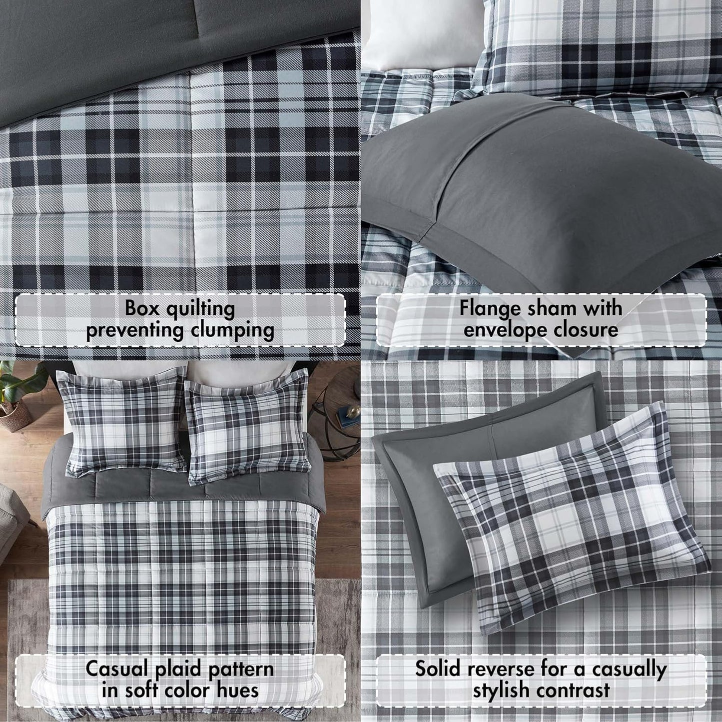 Essentials Parkston Plaid Comforter, Matching Sham, 3M Scotchguard Stain Release Cover, Hypoallergenic All Season Bedding-Set, Full/Queen, Black, 3 Piece