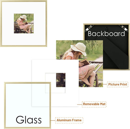 , 8X8 Inch Instagram Square Aluminum Gold Metal Picture Frame Collection, Photo Frame with Ivory Color Mat for 4X4 Picture & Real Glass